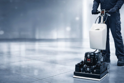 Foto von einem Mann, der eine Reinigungsmaschine bedient